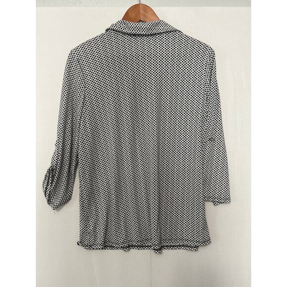 Notations Blouse Black White Geometric Print Button Front Roll Tab Sleeve Medium - Picture 8 of 10